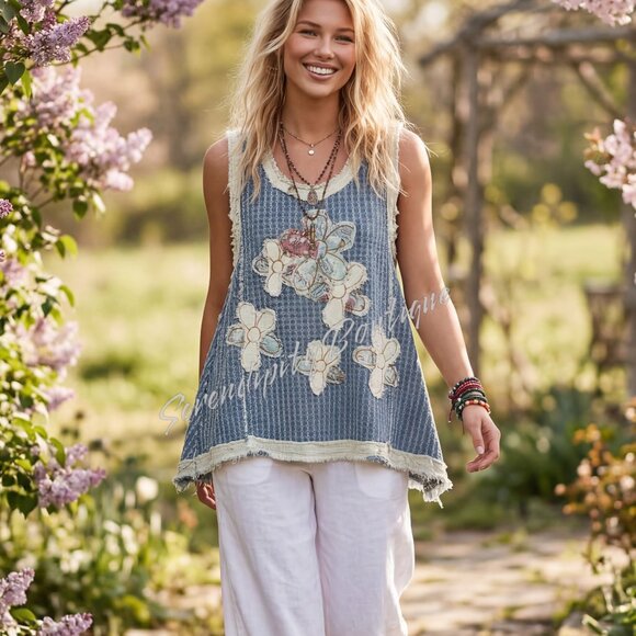 POL Tops - LAST ONE POL Denim 70s Boho Baby Flower Patchwork Frayed Edge Denim Jean Top